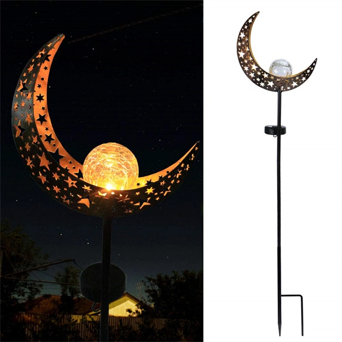 Solar Lights Outdoor Iron Crackle Glass Ball Moon Solar Outdoor Light Crescent Warm Waterproof Solar Stake Lights