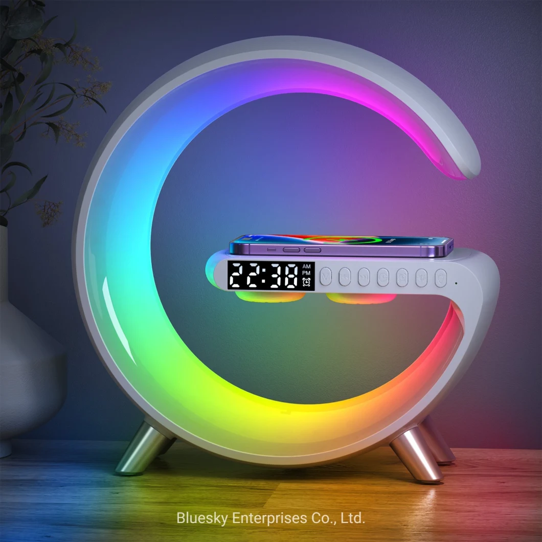 2023 Smart Home Gadgets APP Control RGB Light Wireless Charger with Alarm Clock Bluetooth Speaker Wake up Lightr Bedside