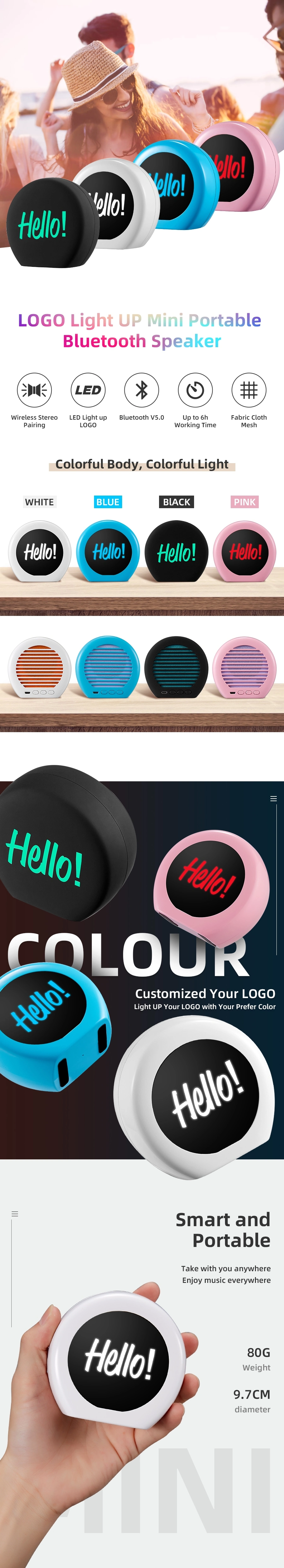 Wholesale Custom Logo Light up portable Audio Mini Wireless Bluetooth Speaker