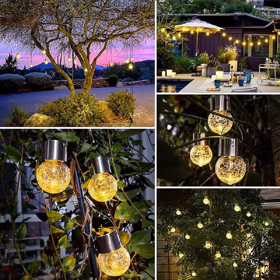 Lampadari a sospensione con sfera di vetro frantumato ad energia solare con maniglia impermeabile e clip Wyz18067